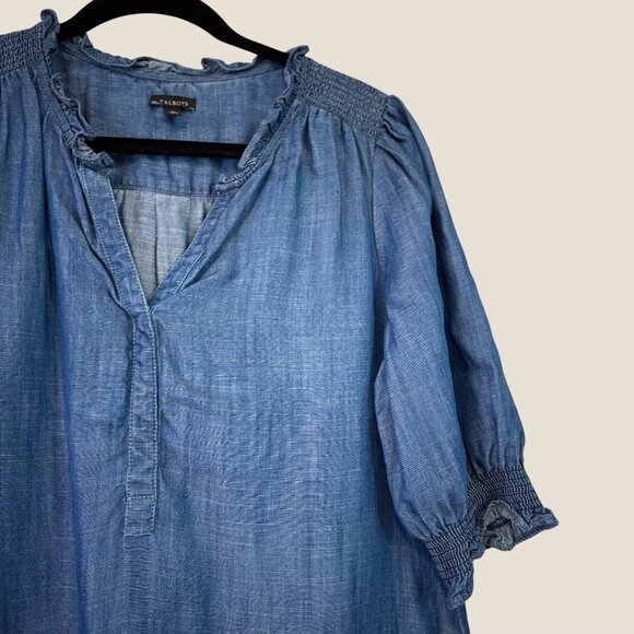 Talbots Womens Smocked Sleeve TENCEL Denim Chambray Dress Size L - Picture 5 of 8